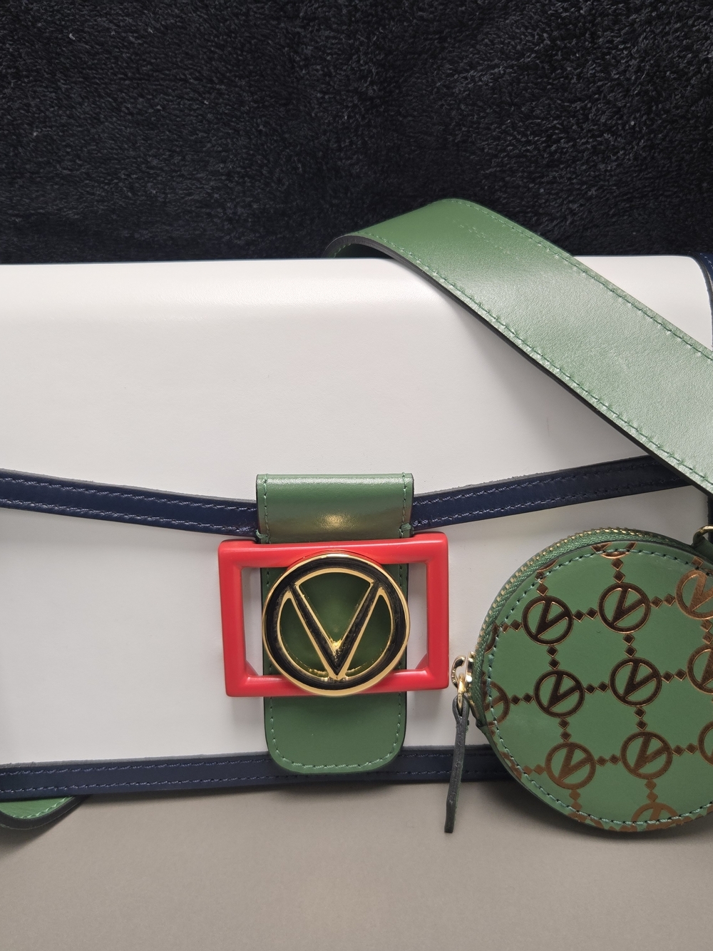 Valentino By Mario Valentino Green, White & Navy Crossbody with Red Buckle